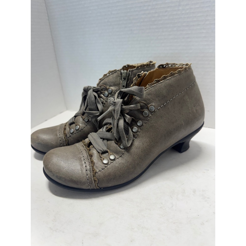 Brako Spanish Leather Lace Up Ribbon Ankle Boots Grey Crochet Trim size  38 7.5